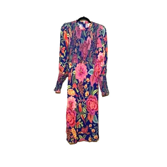 NEW, FARM Rio Macaw Bloom Floral Smocked Mock Neck Dress size L #MD1050 - Picture 5 of 7